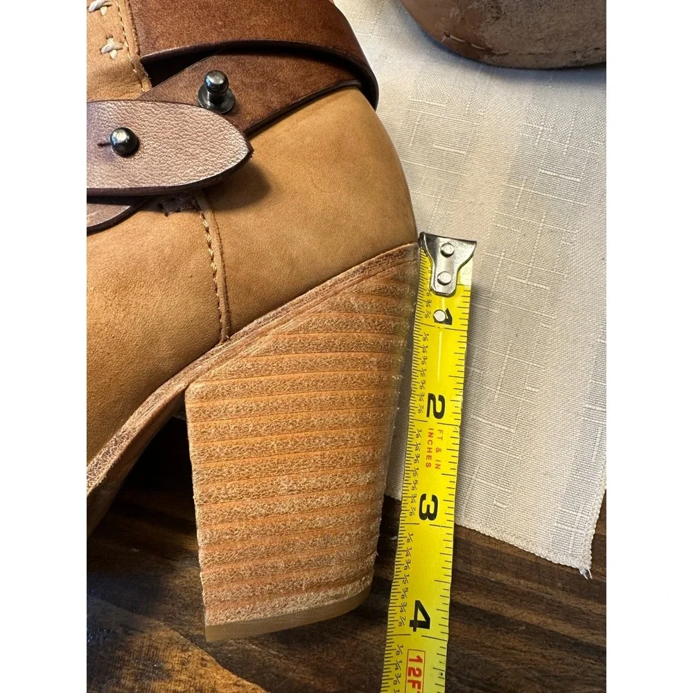 Rag‎ Bone New York Tan Leather Ankle Boots Buckle Heel Block Women Sz 37 or US 7